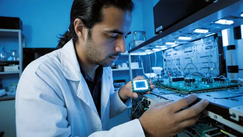 Pesquisador brasileiro examinando processador quântico em laboratório da UFRGS no Dia Mundial da Computação Quântica 2026