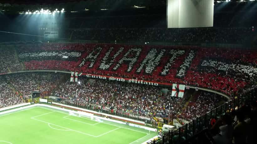 Crowd at San Siro stadium during AC Milan Serie A derby match
