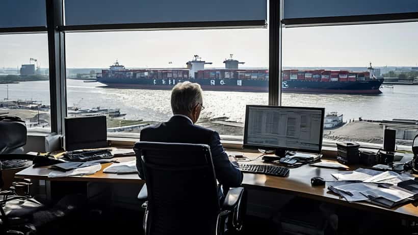 Nederlandse financieel adviseur bekijkt dalende beurscharts op handelsskermen met Rotterdam haven en containerschepen op de achtergrond