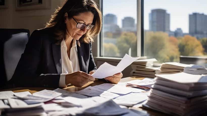 Conseillère financière révisant des reçus de dons de charité et des formulaires fiscaux dans un bureau à Montréal