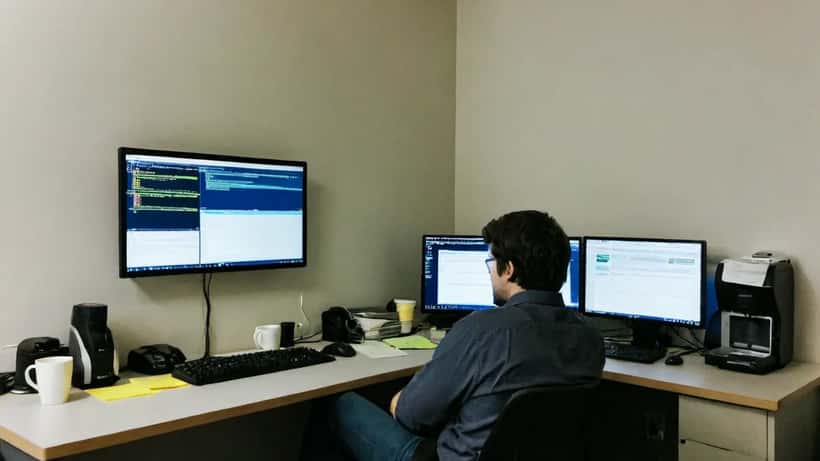 IT security professional reviewing cybersecurity dashboards and gaming account alerts on multiple screens in a Melbourne office