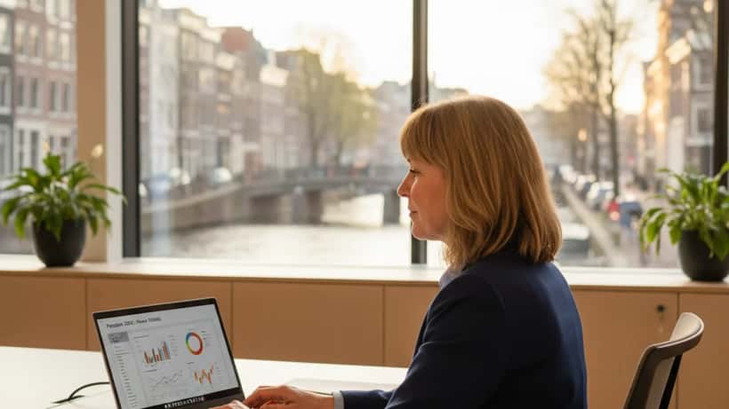 Nederlandse vrouw bekijkt pensioendocumenten op laptop in modern kantoor