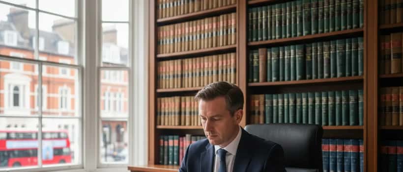 British solicitor reviewing legal documents in a London law office