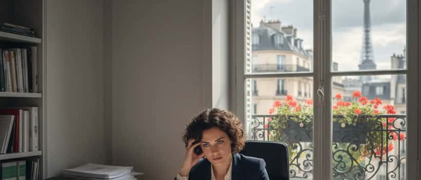 Femme professionnelle française stressée à son bureau avec des documents épars, lumière naturelle