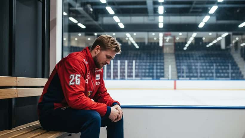Ung svensk ishockeyspelare sitter eftertänksamt i omklädningsrummet i Karlstad Arena efter att hans SHL-slutspelsdröm krossats