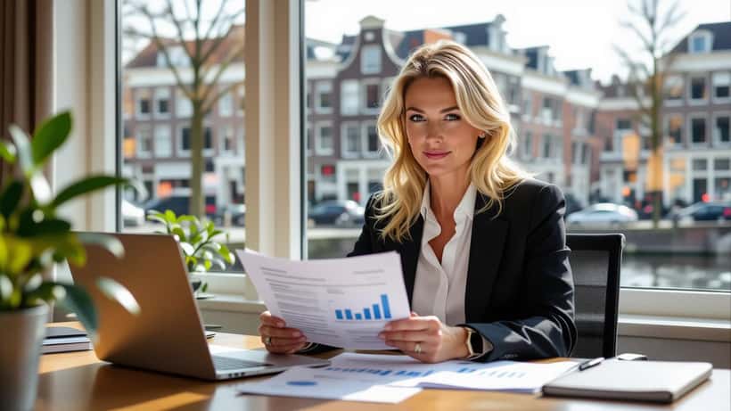 Vrouw bekijkt financiële documenten op laptop in modern kantoor, symbool voor vermogensplanning na inkomensdaling