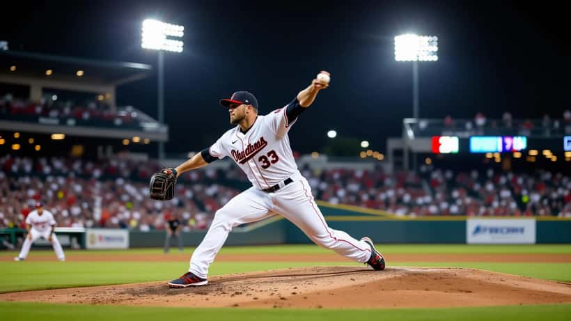 Baseball pitcher mid-delivery releasing a fastball under stadium floodlights