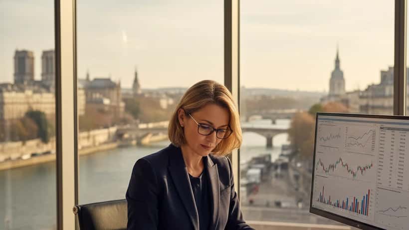 Conseillère en gestion de patrimoine analysant des documents financiers dans un bureau parisien