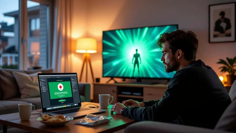 Canadian man in apartment living room looking at laptop with VPN warning while superhero show streams on TV in background