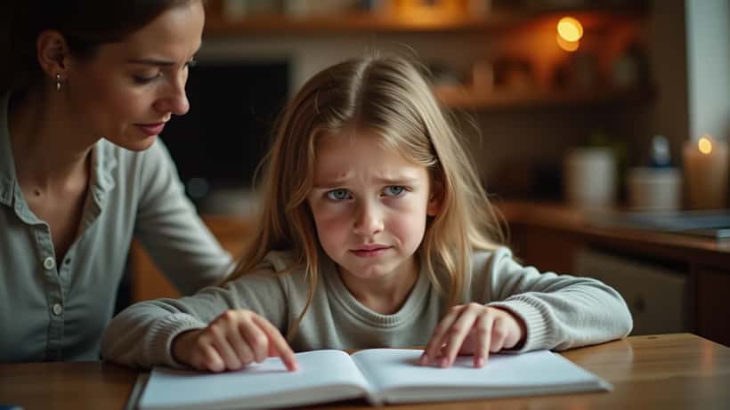 Jong meisje leert lezen aan keukentafel met moeder die helpt, gezellige thuisomgeving
