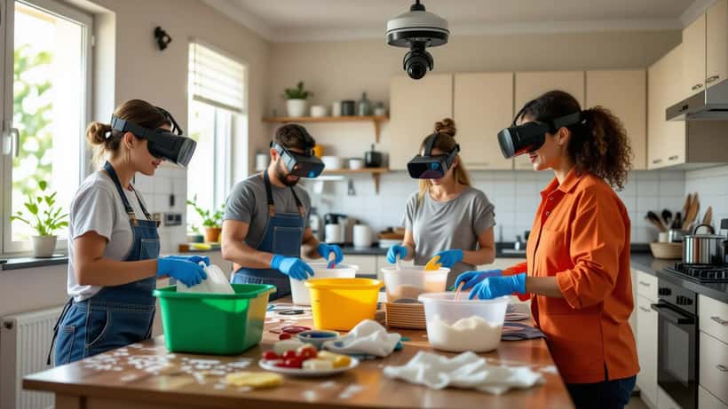 Participantes de reality show em confinamento realizando tarefas domésticas sob câmeras de vigilância