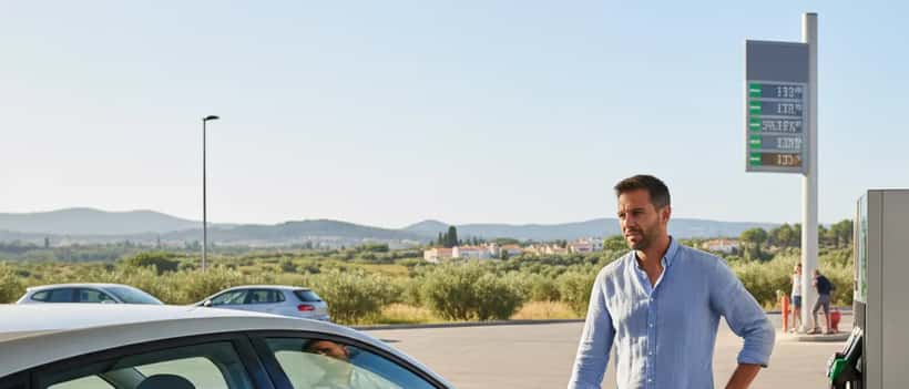 Pessoa a abastecer o carro num posto de combustível em Portugal com olhar preocupado para o preço