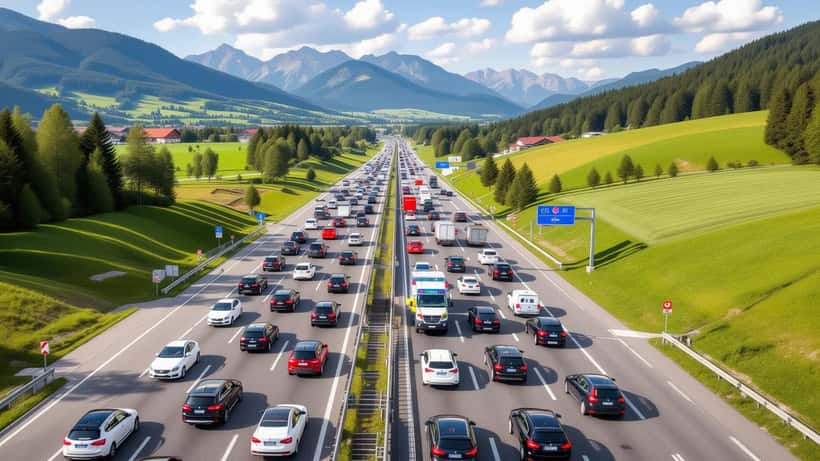 Stau auf der A2 Südautobahn mit gebildeter Rettungsgasse, durch die ein Rettungswagen fährt