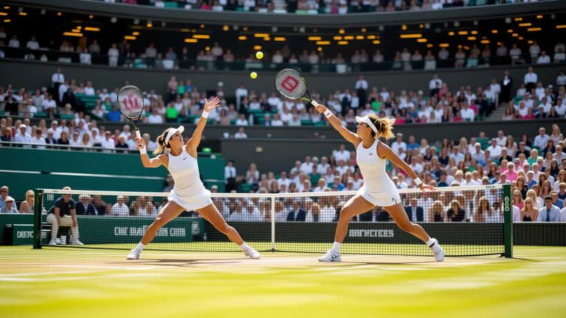 Tennis player serving on Wimbledon Centre Court grass in 2026