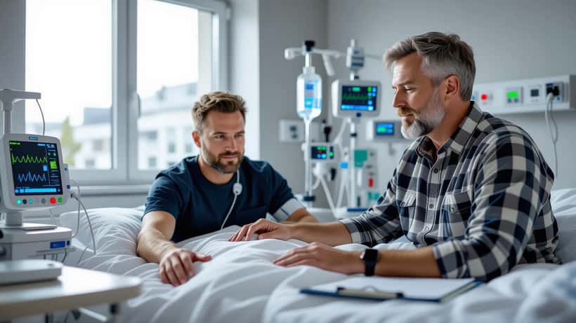 Läkare applicerar EKG-elektroder på medelålders man i modern svensk klinik — kardiovaskulär screening 2026