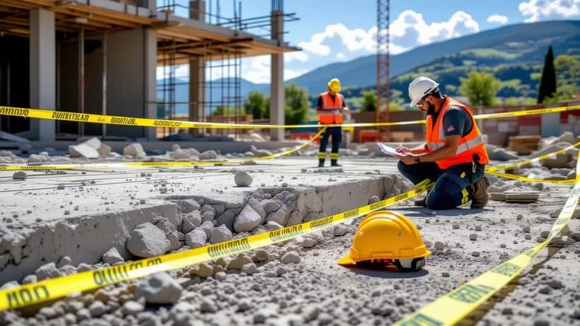 Cantiere edile con soletta di cemento crollata, nastro di sicurezza e ispettori ATS, Origgio 2026