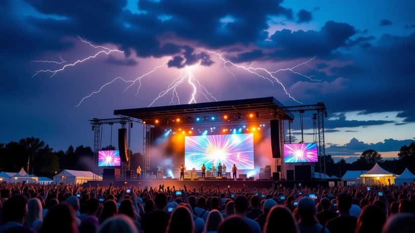 Bliksem boven het podium van Concert at Sea 2026 bij schemering