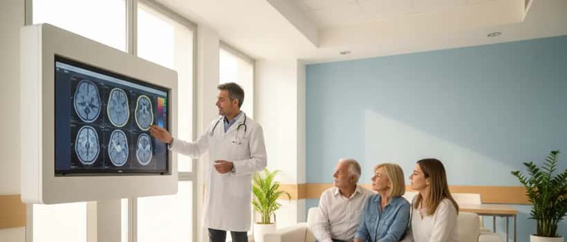 Medico italiano in ospedale che consulta la famiglia di un paziente anziano con risultati di una TAC cerebrale