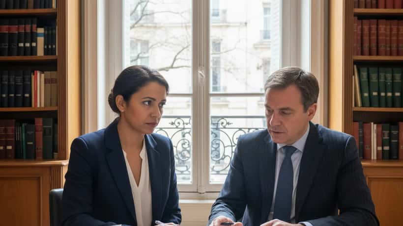 Consultation juridique entre une demandeuse d'asile et un avocat spécialisé dans un cabinet parisien