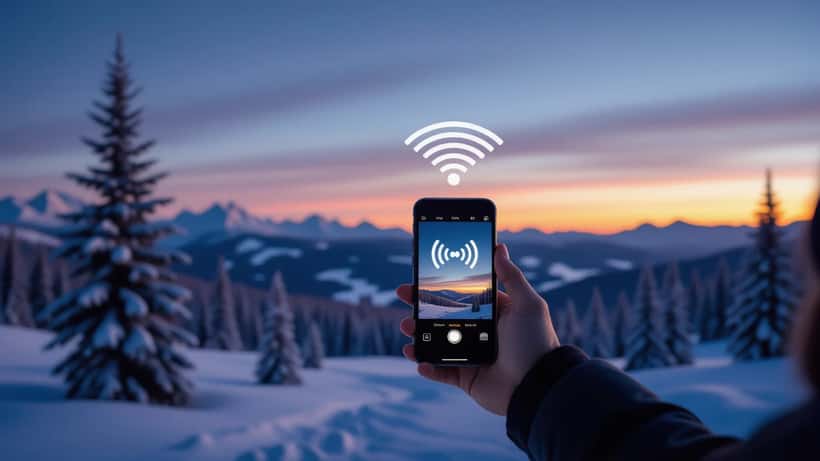 Person checking smartphone in remote Canadian wilderness with satellite overhead