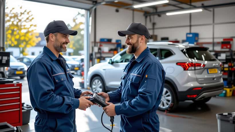 Monteur controleert auto met OBD-scanner in garage voor zomervakantie