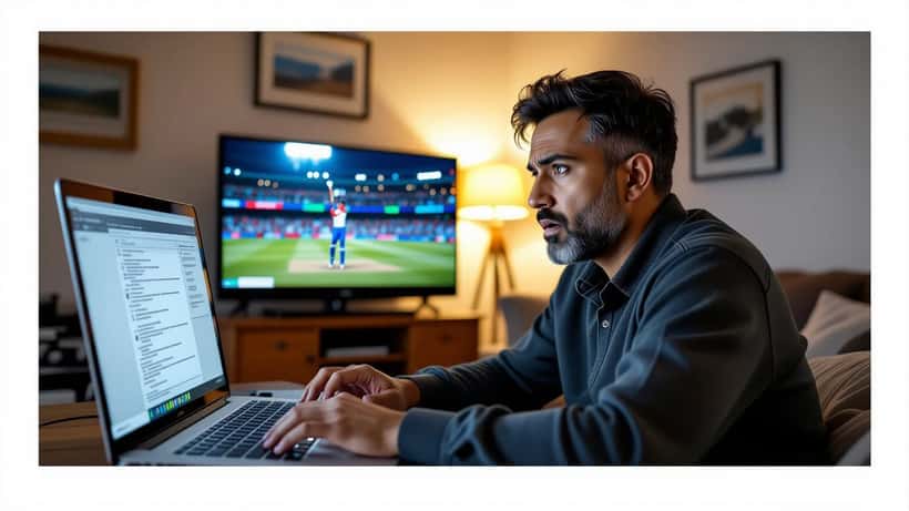 South Asian man alarmed by suspicious browser pop-up while cricket match plays on TV in background