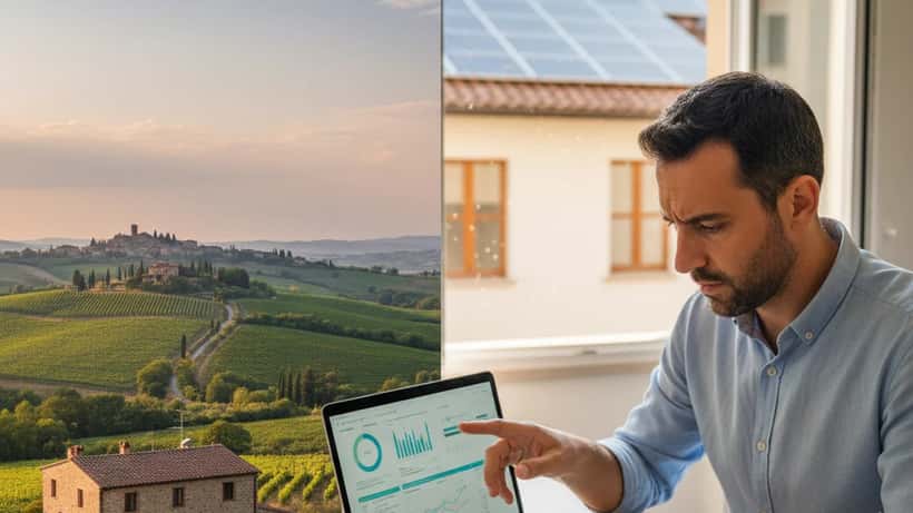 Uomo italiano che analizza le bollette energetiche e grafici finanziari a Milano