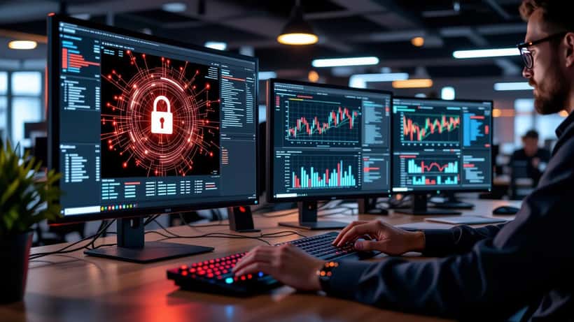 IT security professional monitoring threat dashboard in computer security laboratory