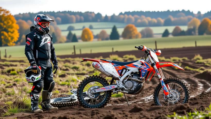 Pilote de moto cross debout près de sa moto tombée sur un terrain privé en France, l'air préoccupé, paysage automnal en arrière-plan