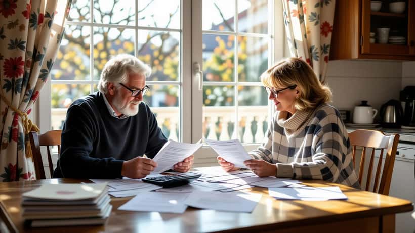 Couple de retraités français vérifiant leur déclaration fiscale de pensions à la table de cuisine