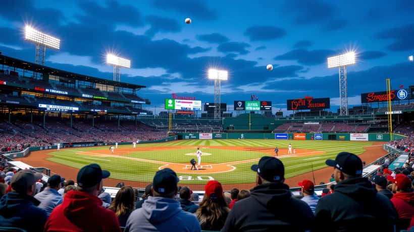 Fenway Park stands with protective netting and a baseball in flight during a 2026 Red Sox fan injury incident