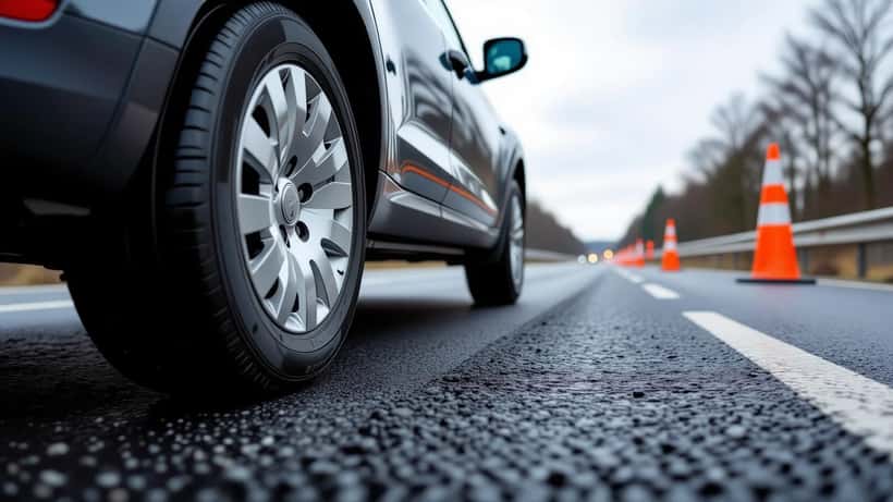 Bildæk og fælg kører over fræset asfalt i vejarbejdszone på dansk motorvej