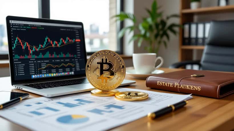 Escritorio profesional con moneda Bitcoin, formularios fiscales y gráficos financieros