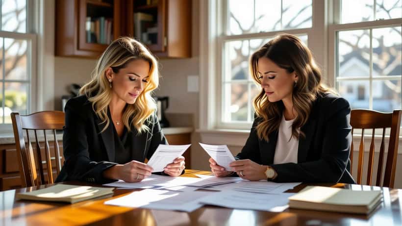 Woman at kitchen table holding lottery ticket and reviewing divorce court documents