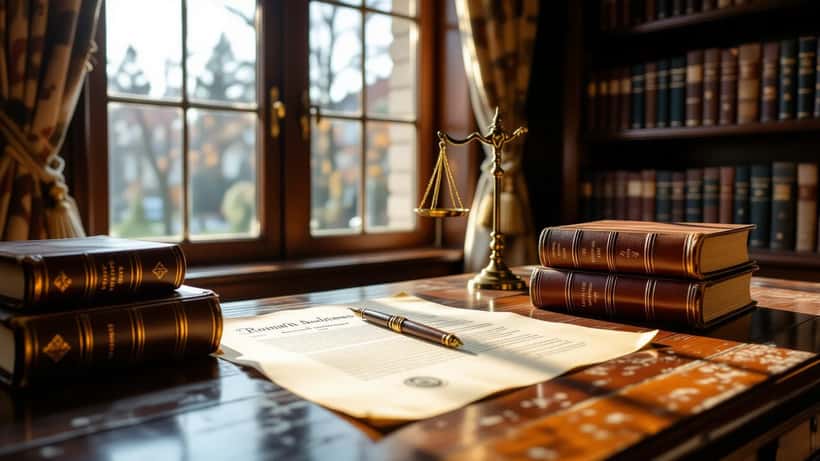 Notar-Schreibtisch mit Testament-Dokumenten und Rechtsbüchern