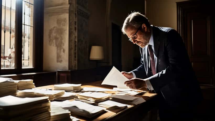 Avvocato italiano che esamina documenti legali in un corridoio di tribunale, Massa Toscana