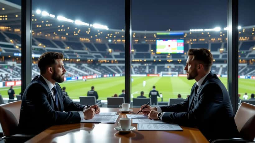 Footballeur et avocat consultant un contrat dans un salon VIP de stade à Riyad