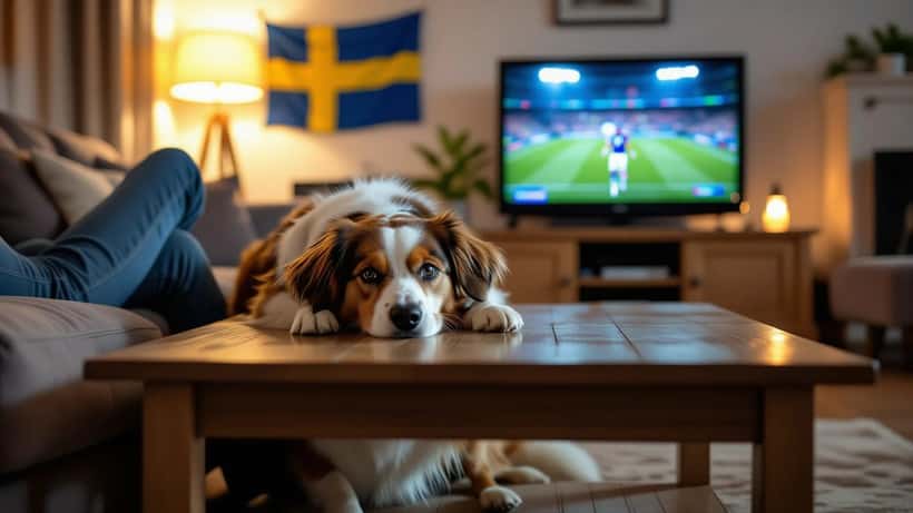 Rädd hund gömmer sig under bord i svenskt vardagsrum under VM-finalen på tv