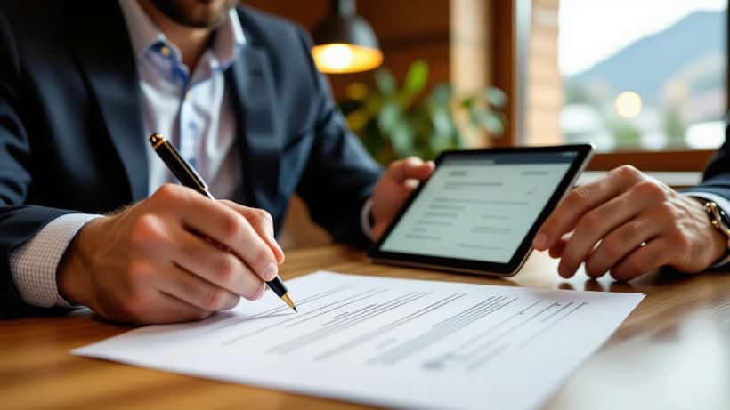 Contrat juridique signé sur un bureau lors d'une fusion d'entreprises médiatiques en Suisse