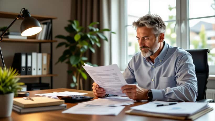 Man reviewing pension documents at desk in Toronto home office