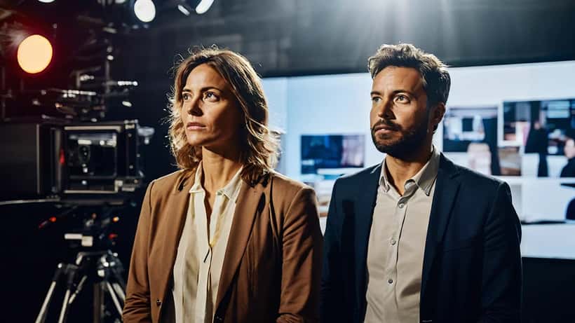 Apresentadores de televisão em estúdio de TV em Lisboa em situação de tensão nos bastidores