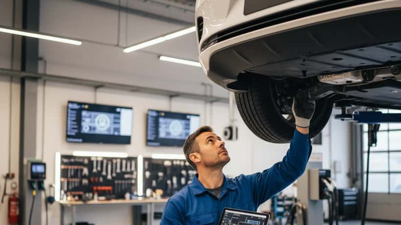 Mécanicien français inspectant le dessous d'une berline électrique dans un atelier à Lyon