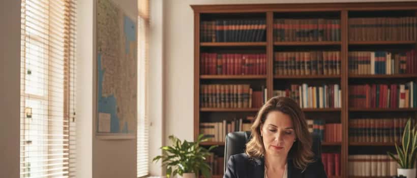 Advogada portuguesa a consultar documentos num escritório jurídico em Lisboa