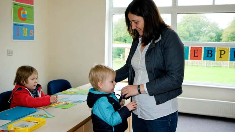 Working mother handing nursery bag to a childcare worker at a bright UK nursery