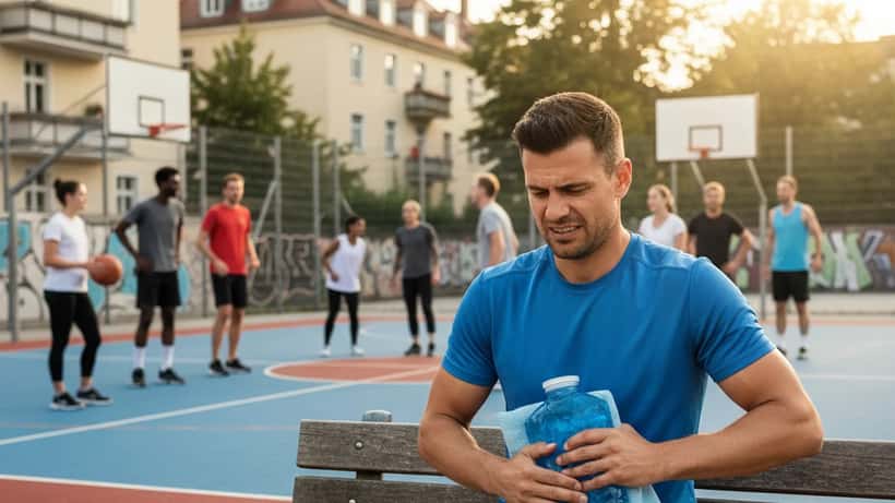 Amateursportler sitzt auf einer Bank mit Eis-Kompresse am Oberschenkel auf einem Basketballplatz in München