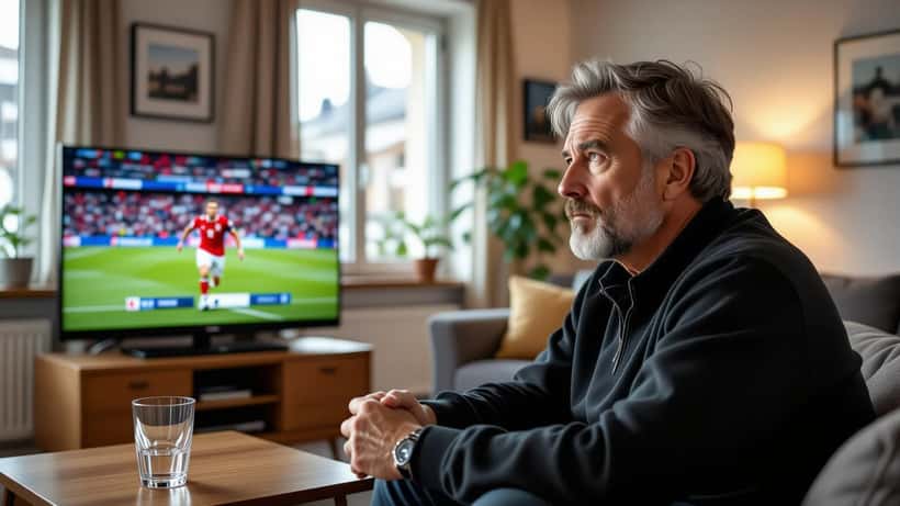 Supporter suisse regardant intensément le match Angleterre–RD Congo à la télévision, stressé