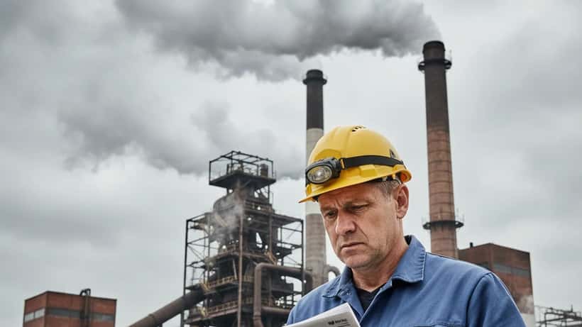 Österreichischer Stahlarbeiter vor Industrieanlage in der Steiermark