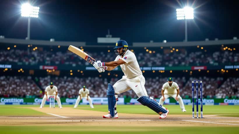 Batswoman de críquete T20 em pleno swing num estádio iluminado à noite com adeptos a torcer