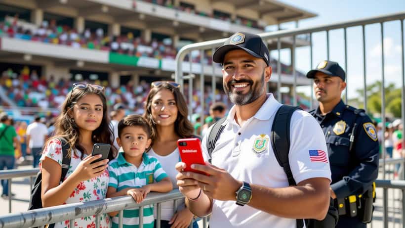 US fan denied entry at stadium turnstile holding smartphone showing invalid ticket QR code error
