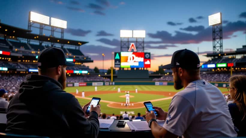 Baseball fans review mobile sports betting apps under stadium lights during Diamondbacks vs. Dodgers 2026